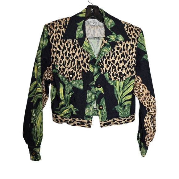 Vintage 80s 100% Cotton Jungle Print Cropped Button Up Lorraine Wardy Jacket XS - Picture 2 of 9
